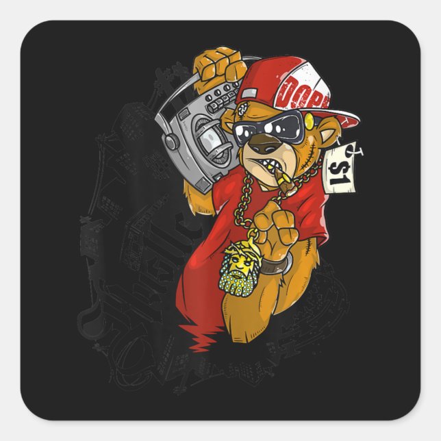 Hustle Hard Hip Hop Teddy Bear Gangster Rap Square Sticker (Front)