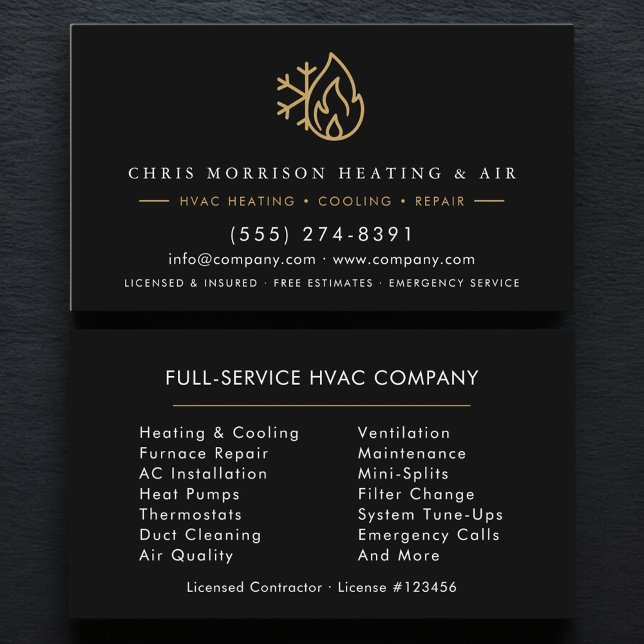 HVAC Services Company Black Gold Modern Business Card (Creator Uploaded)