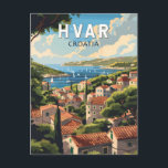 Hvar Croatia Travel Art Vintage Postcard<br><div class="desc">Hvar retro vector travel design. Hvar,  a Croatian island in the Adriatic Sea,  is best known as a summer resort. Highlights of the port town Hvar include its 13th-century walls.</div>