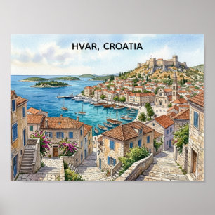 Hvar Croatia Watercolor Panorama View Travel Poster