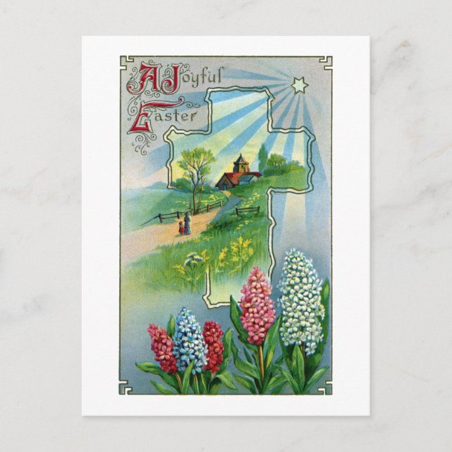 Hyacinths, Cross and Star Vintage Easter Holiday Postcard (Front)