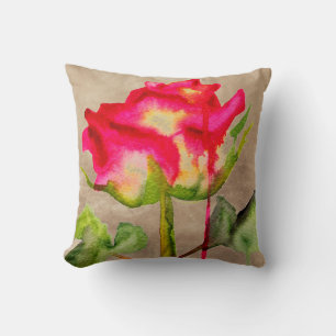 Hybrid Tea Rose grunge pop art watercolor flower Throw Pillow