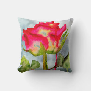 Hybrid Tea Rose grunge pop art watercolor flower Throw Pillow