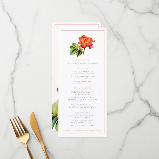 Hybrid tea rose orange watercolor wedding menu (Front/Back In Situ)