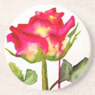 Hybrid Tea Rose watercolor modern flower art Coaster