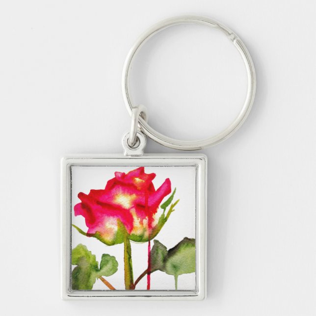 Hybrid Tea Rose watercolor modern flower art Keychain (Front)