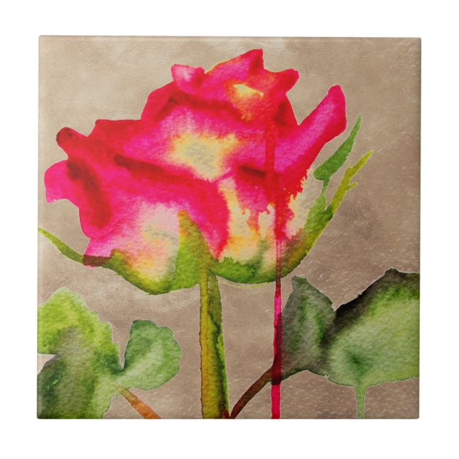 Hybrid Tea Rose watercolour modern flower art Tile (Front)