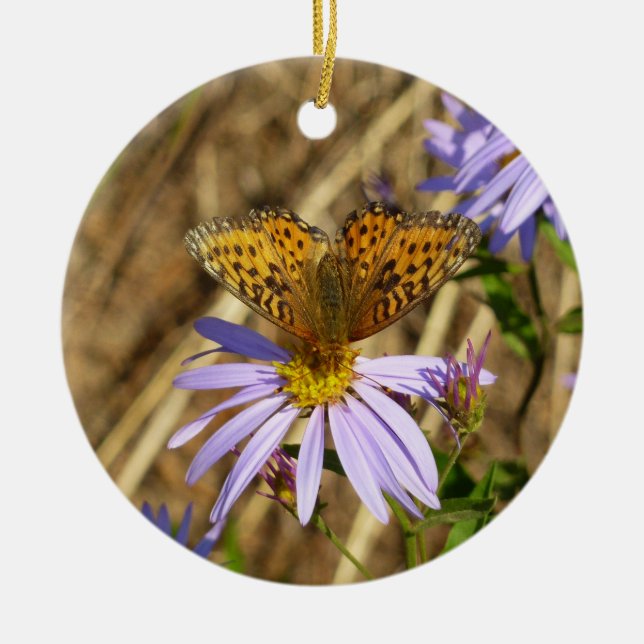 Hydaspe Fritillary on Purple Aster Flowers Ceramic Ornament (Front)