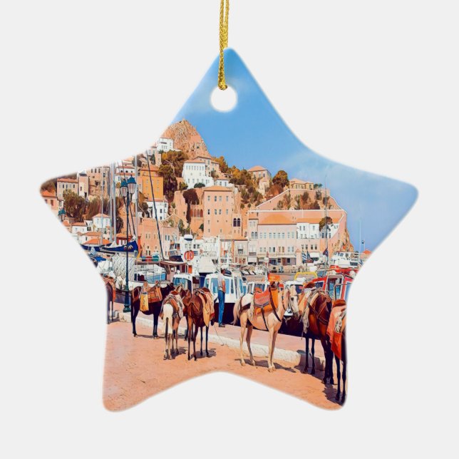HYDRA - mules at the port Ceramic Ornament (Front)