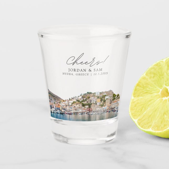 Hydra Photo Wedding Favour Cheers Shot Glass (Front)