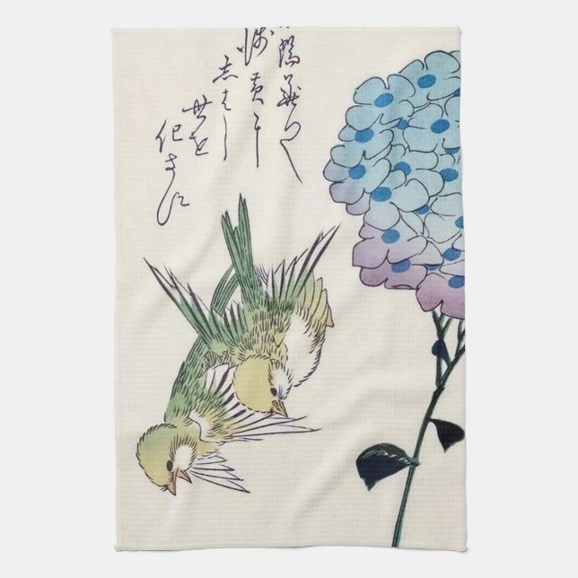 Hydrangea and Greenfinches, Hiroshige, Ukiyo-e Kitchen Towel (Vertical)