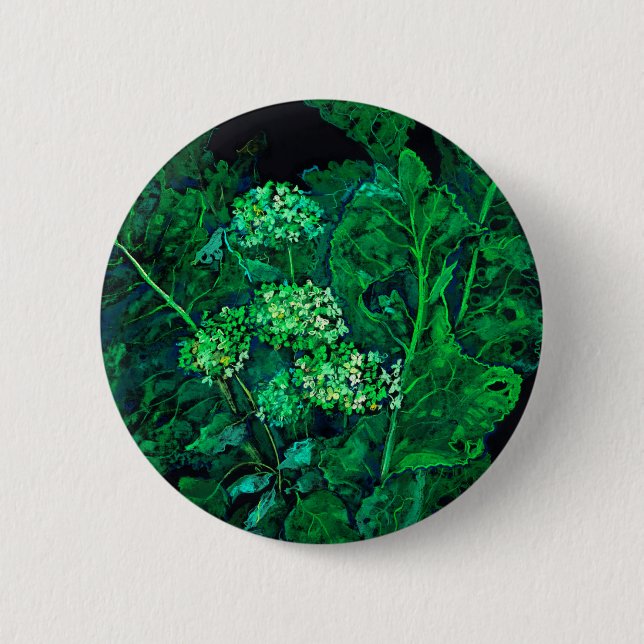 Hydrangea and Horseradish Floral Art Black & Green 2 Inch Round Button (Front)