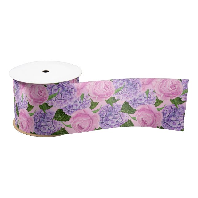Hydrangea and peony pattern satin ribbon (Spool)