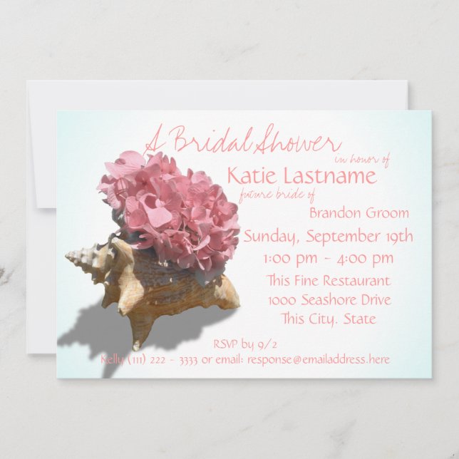 Hydrangea and Seashell Bridal Shower Pink Invitation (Front)