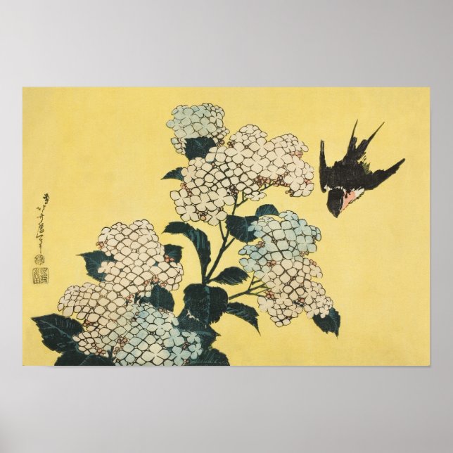 Hydrangea and Swallow by Katsushika Hokusai Poster (Front)