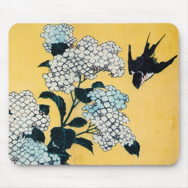 Hydrangea and Swallow, Hokusai, Ukiyo-e Mouse Pad (Front)