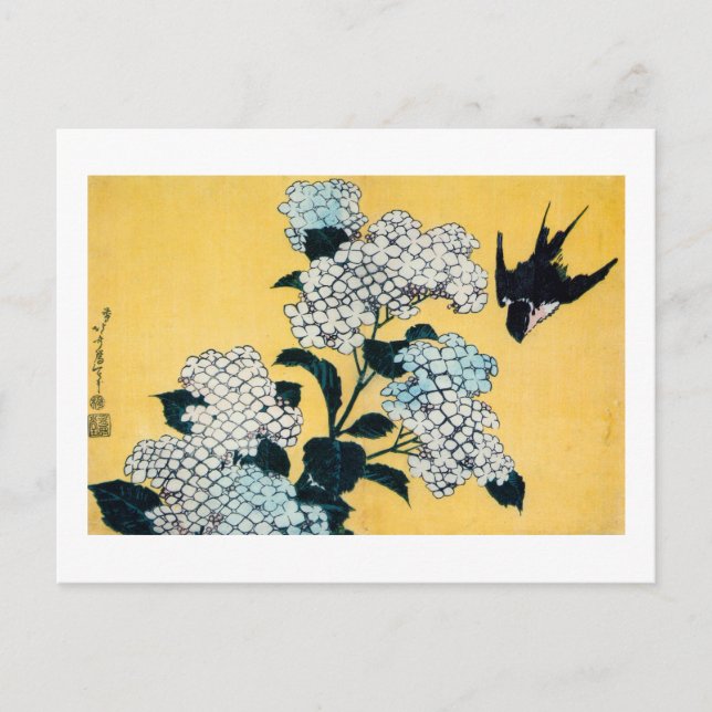 Hydrangea and Swallow, Hokusai, Ukiyo-e Postcard (Front)