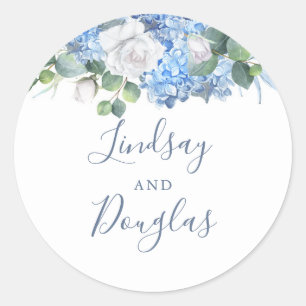 Hydrangea and White Flowers Dusty Blue Watercolor Classic Round Sticker