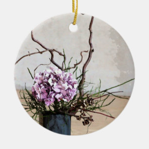 Hydrangea and Wood Vase Watercolor Ceramic Ornament