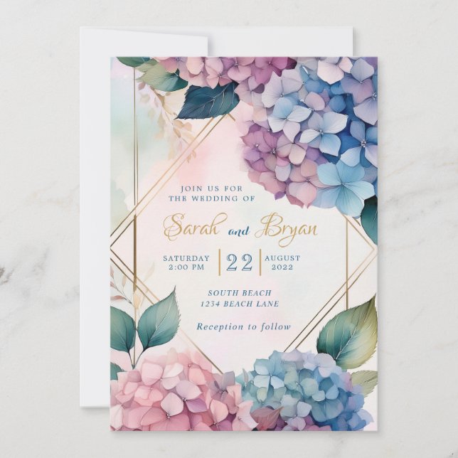 Hydrangea bleu rose Faire-part de mariage Floral (Devant)