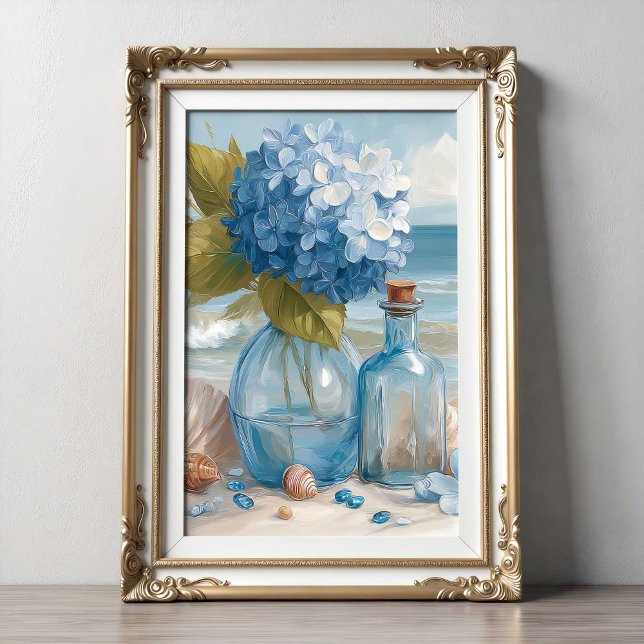 Hydrangea Bleue Côte de la Plage | Affiche de plag (Blue Hydrangea Coastal Beach | Beach Poster by TinkPrints.)