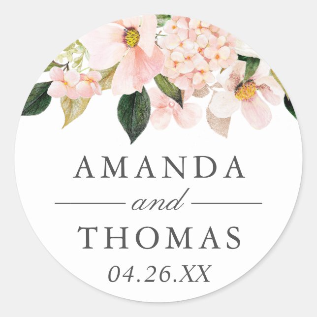 Hydrangea Blossom Blush Pink Floral Wedding Classic Round Sticker (Front)