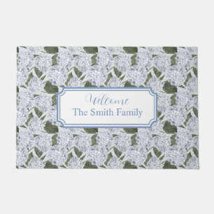 Hydrangea Blue Custom Name Welcome Doormat