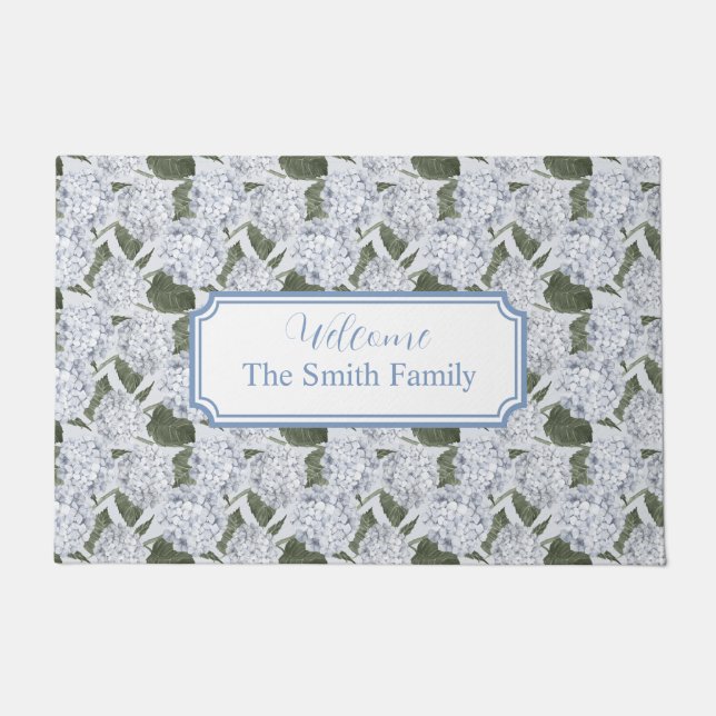 Hydrangea Blue Custom Name Welcome Doormat (Front)