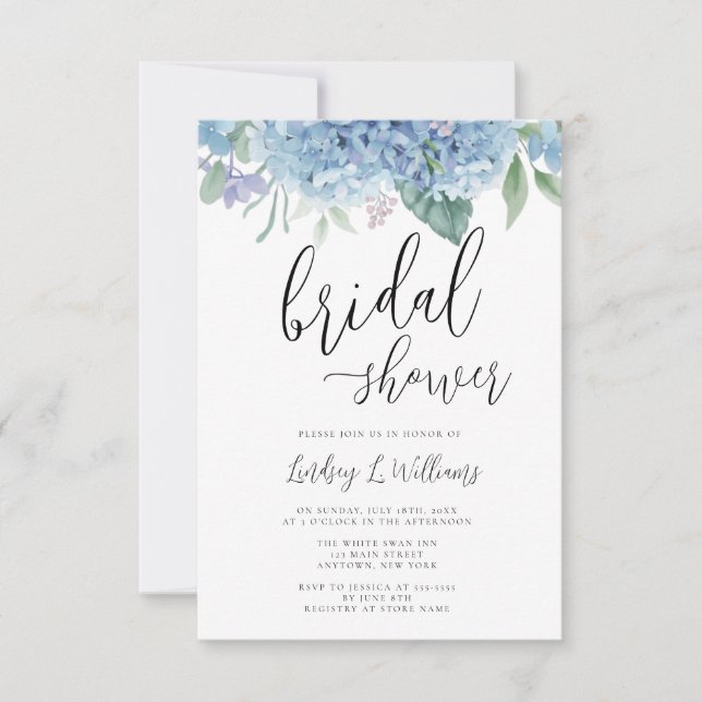Hydrangea Blue Floral Bridal Shower Invitation (Front)