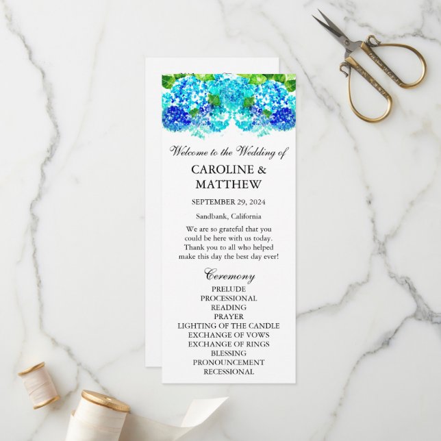 Hydrangea Blue Floral Watercolor Rustic Wedding  Program (Front/Back In Situ)