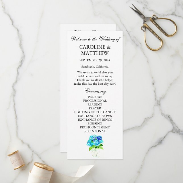 Hydrangea Blue Floral Watercolor Rustic Wedding  Program (Front/Back In Situ)