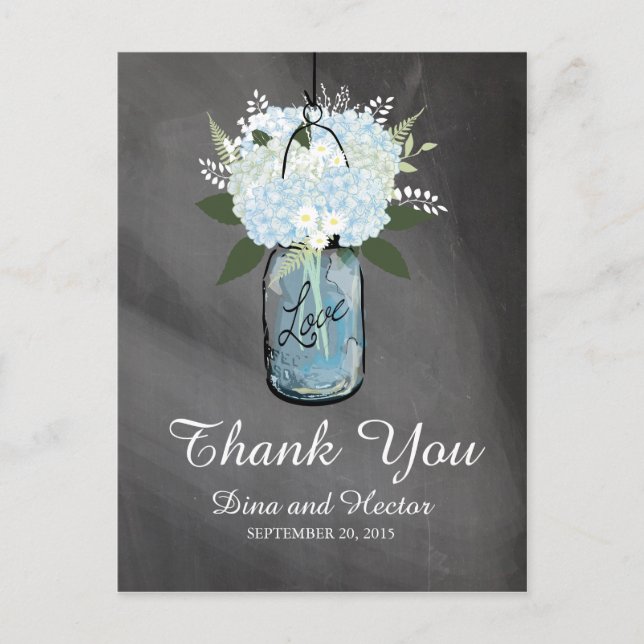 Hydrangea Blue Mason Jar Chalkboard | Thank You Postcard (Front)