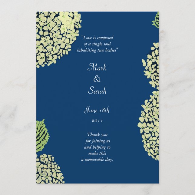 Hydrangea Blueberry Wedding Programme (Devant)