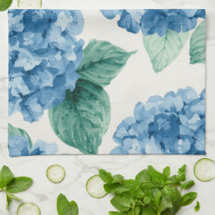 Hydrangea Blues Floral Watercolor Botanical Blooms Kitchen Towel
