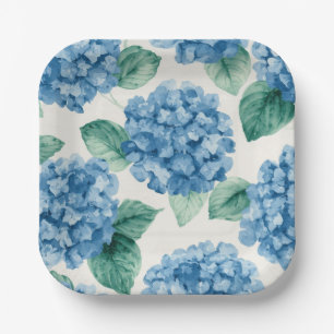 Hydrangea Blues Floral Watercolor Botanical Blooms Paper Plate