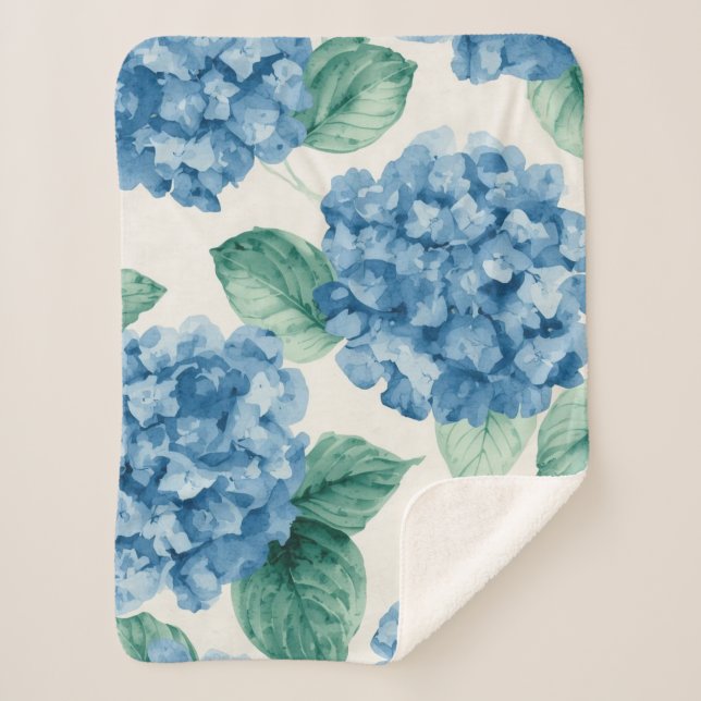Hydrangea Blues Floral Watercolor Botanical Blooms Sherpa Blanket (Front)