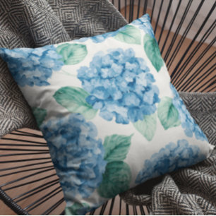 Hydrangea Blues Floral Watercolor Botanical Blooms Throw Pillow