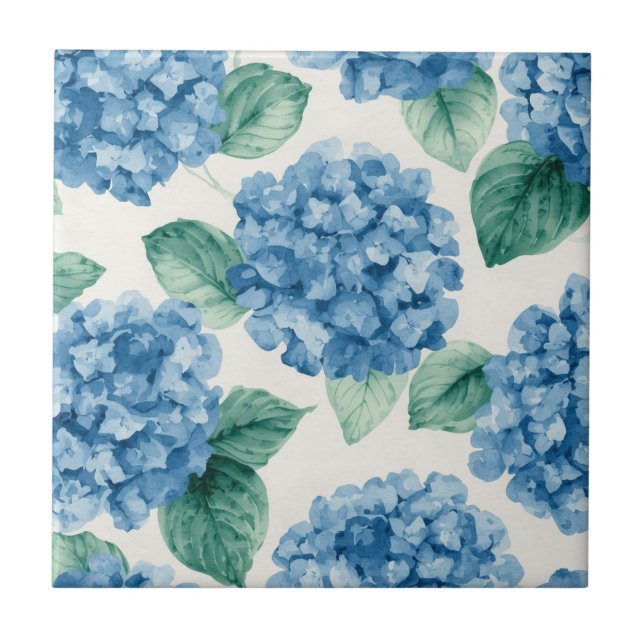 Hydrangea Blues Floral Watercolor Botanical Blooms Tile (Front)