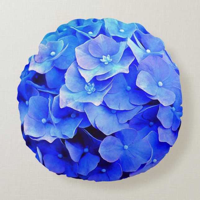 Hydrangea Blues Round Pillow (Front)