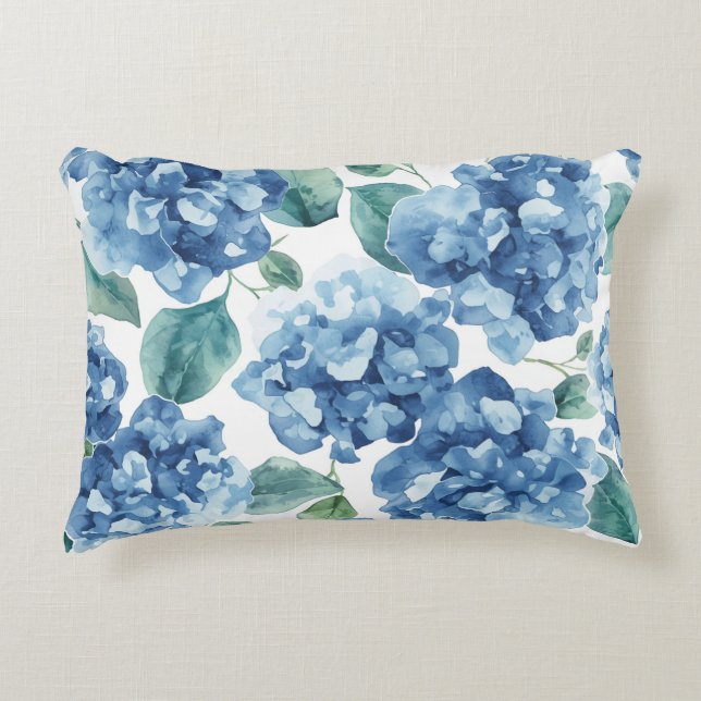 Hydrangea Blues | Watercolor Blooms Flower Pattern Accent Pillow (Front)