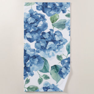 Hydrangea Blues Watercolor Blooms Flower Pattern Beach Towel