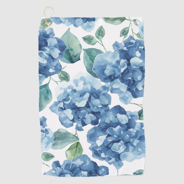 Hydrangea Blues | Watercolor Blooms Flower Pattern Golf Towel (Front)