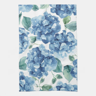 Hydrangea Blues Watercolor Blooms Flower Pattern Kitchen Towel