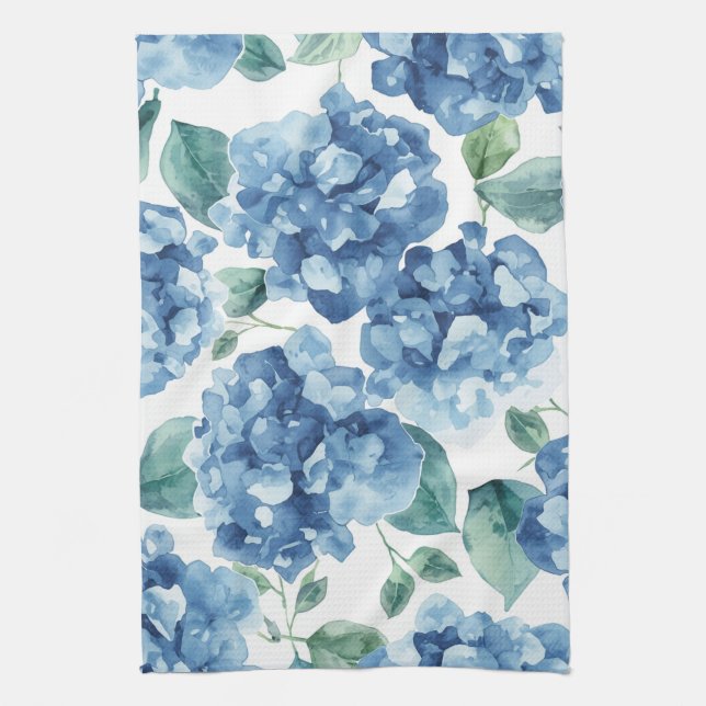 Hydrangea Blues | Watercolor Blooms Flower Pattern Kitchen Towel (Vertical)