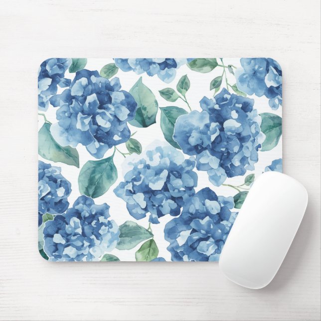 Hydrangea Blues | Watercolor Blooms Flower Pattern Mouse Pad (With Mouse)