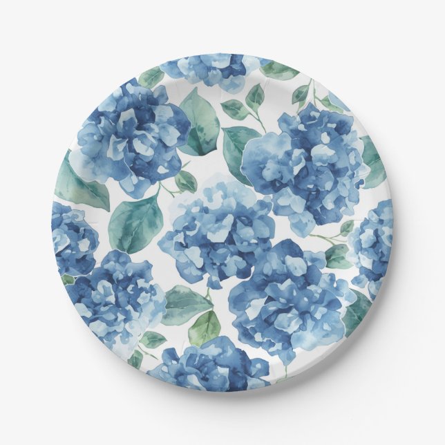 Hydrangea Blues | Watercolor Blooms Flower Pattern Paper Plate (Front)