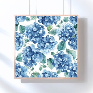 Hydrangea Blues   Watercolor Blooms Flower Pattern Poster