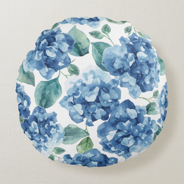 Hydrangea Blues | Watercolor Blooms Flower Pattern Round Pillow (Front)