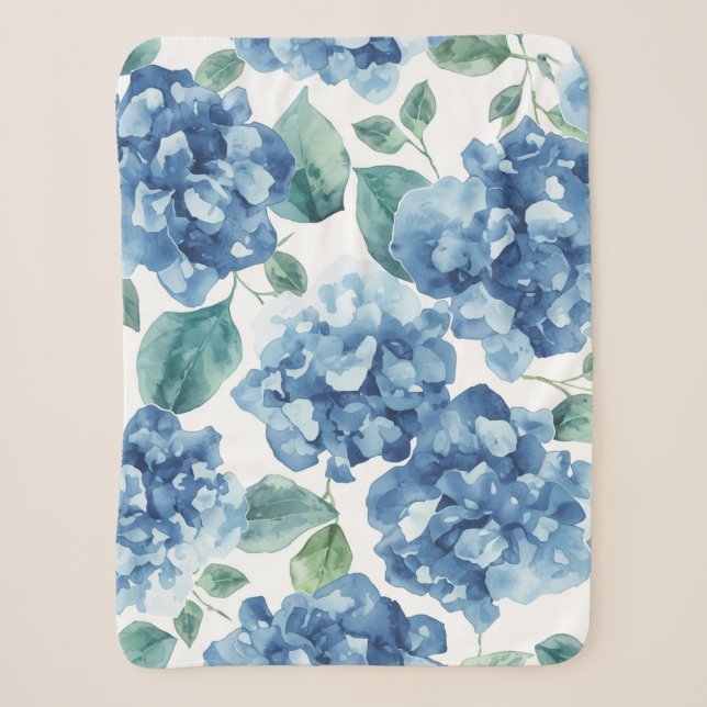 Hydrangea Blues | Watercolor Blooms Flower Pattern Sherpa Blanket (Front)