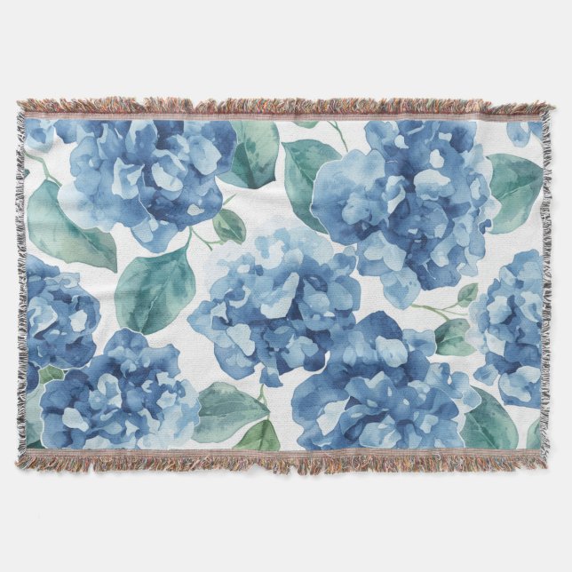 Hydrangea Blues | Watercolor Blooms Flower Pattern Throw Blanket (Front)
